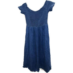 Women's Casual Denim Dress Scoop Neck Short Flared Sleeve Elastic Ruche - Size S